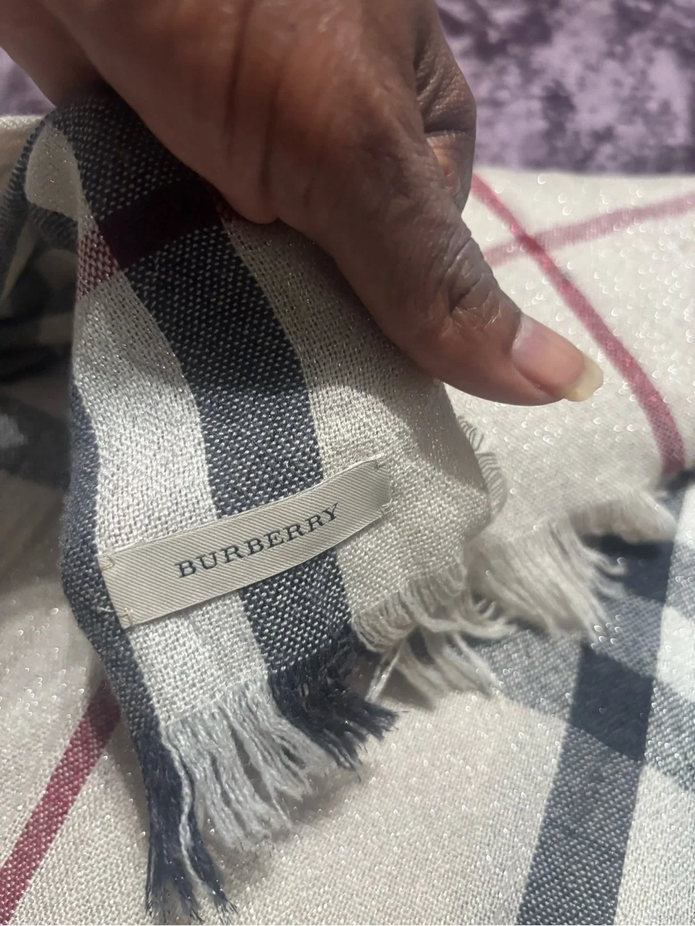 Burberry Checked scarf/ Wrap in Cream, Black and Red Accent